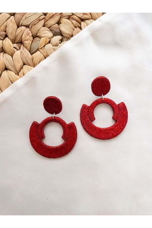 Özel Tasarım Kırımızı Simli Polimer Kil Geometrik Küpe