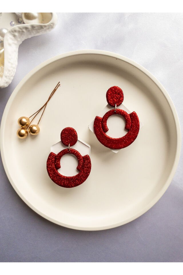 Özel Tasarım Kırımızı Simli Polimer Kil Geometrik Küpe