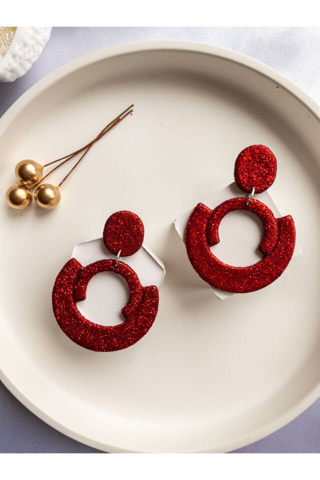 Özel Tasarım Kırımızı Simli Polimer Kil Geometrik Küpe