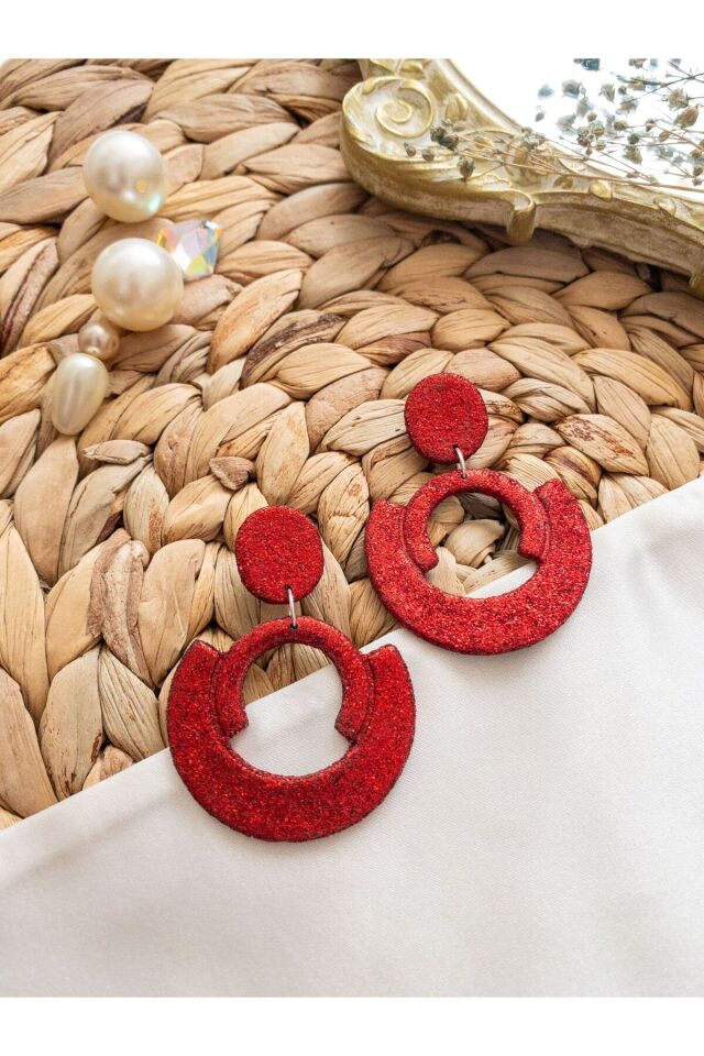 Özel Tasarım Kırımızı Simli Polimer Kil Geometrik Küpe