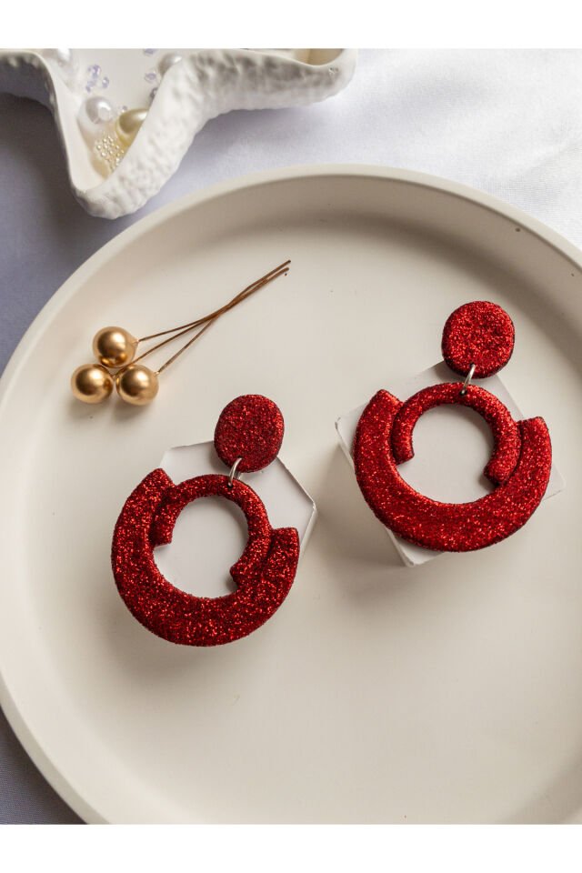 Özel Tasarım Kırımızı Simli Polimer Kil Geometrik Küpe