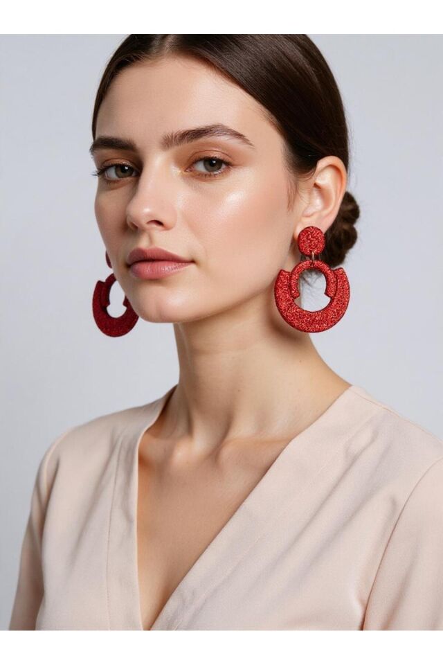 Özel Tasarım Kırımızı Simli Polimer Kil Geometrik Küpe