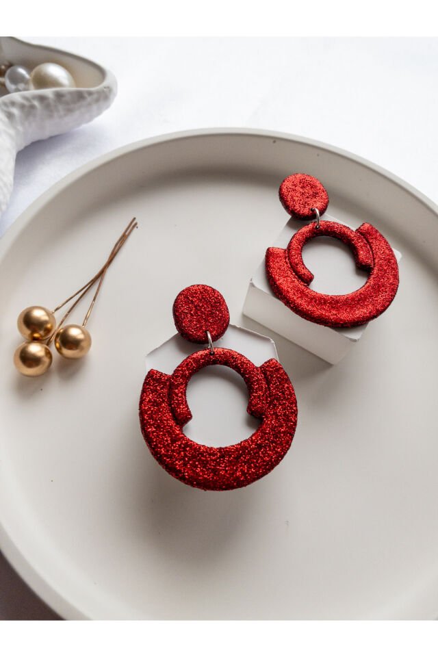 Özel Tasarım Kırımızı Simli Polimer Kil Geometrik Küpe