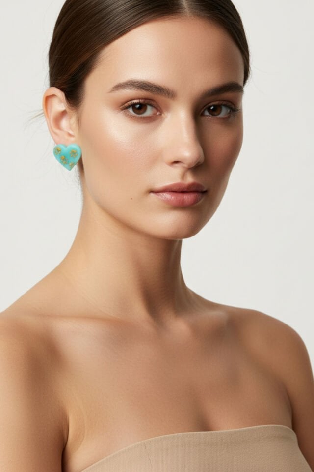 Özel Tasarım Şeffaf Turkuaz Kil Üzeri Gold Pati Küpe