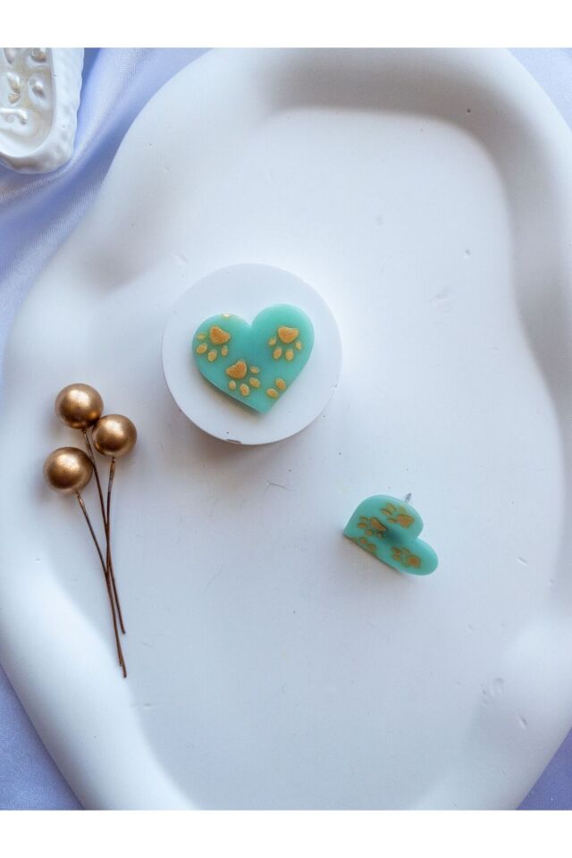 Özel Tasarım Şeffaf Turkuaz Kil Üzeri Gold Pati Küpe