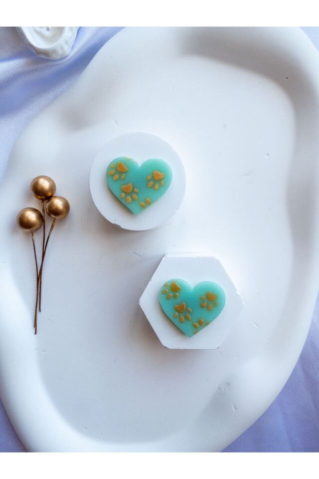 Özel Tasarım Şeffaf Turkuaz Kil Üzeri Gold Pati Küpe