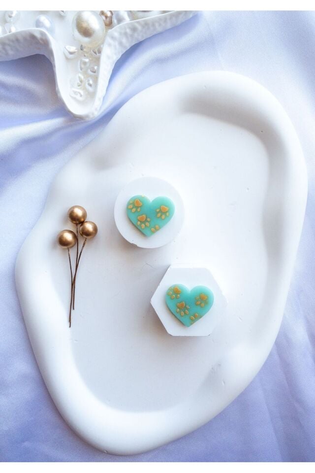 Özel Tasarım Şeffaf Turkuaz Kil Üzeri Gold Pati Küpe