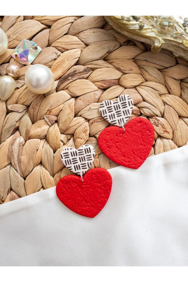 Özel Tasarım Polimer Kil Kırmızı ve Ekose Kalp Küpe