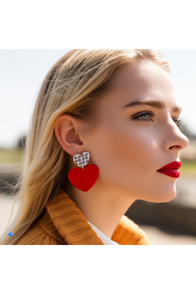 Özel Tasarım Polimer Kil Kırmızı ve Ekose Kalp Küpe