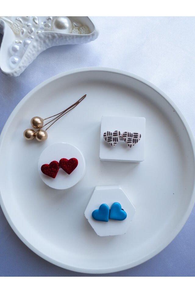 Özel Tasarım Parlak Mavi Kırmızı Ekose Polimer Kil Mini Kalp Küpe Seti