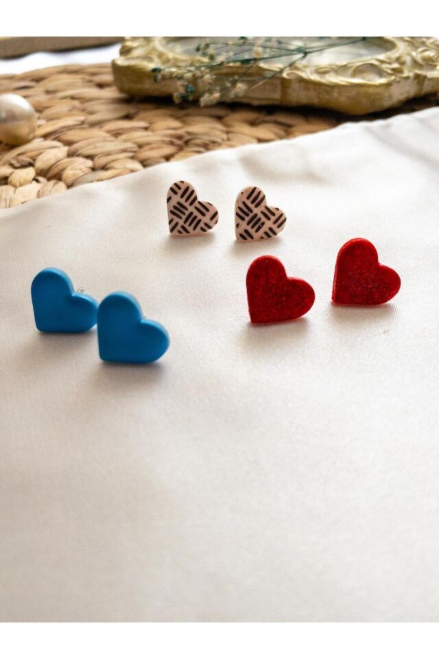 Özel Tasarım Parlak Mavi Kırmızı Ekose Polimer Kil Mini Kalp Küpe Seti
