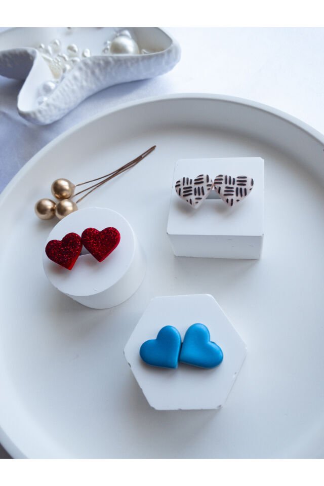 Özel Tasarım Parlak Mavi Kırmızı Ekose Polimer Kil Mini Kalp Küpe Seti
