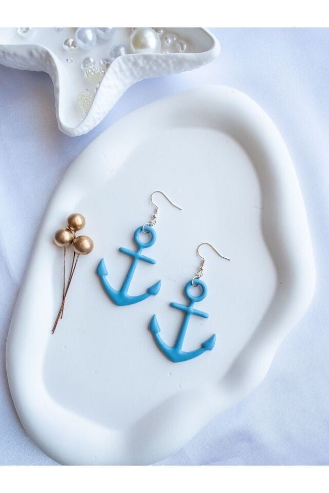 Özel Tasarım Mavi Polimer Kil Çapa Küpe