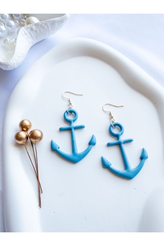 Özel Tasarım Mavi Polimer Kil Çapa Küpe