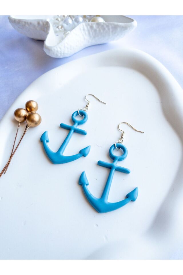 Özel Tasarım Mavi Polimer Kil Çapa Küpe