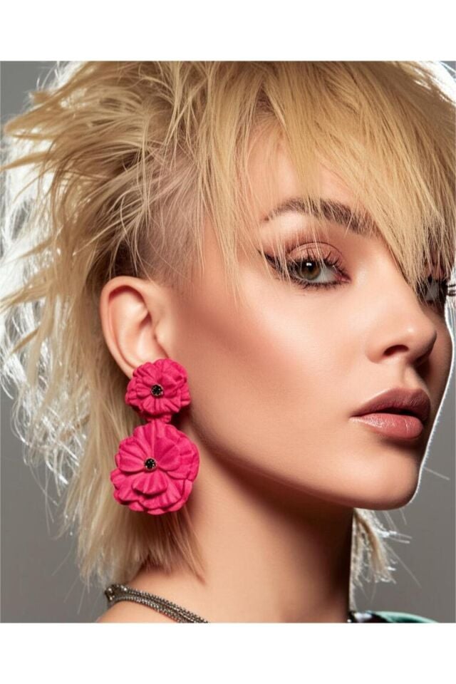 Özel Tasarım Pembe Polimer Kil İkili Çiçek Küpe