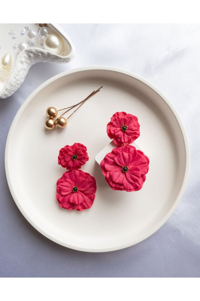 Özel Tasarım Pembe Polimer Kil İkili Çiçek Küpe