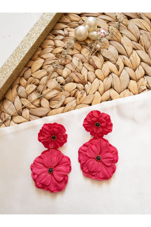 Özel Tasarım Pembe Polimer Kil İkili Çiçek Küpe