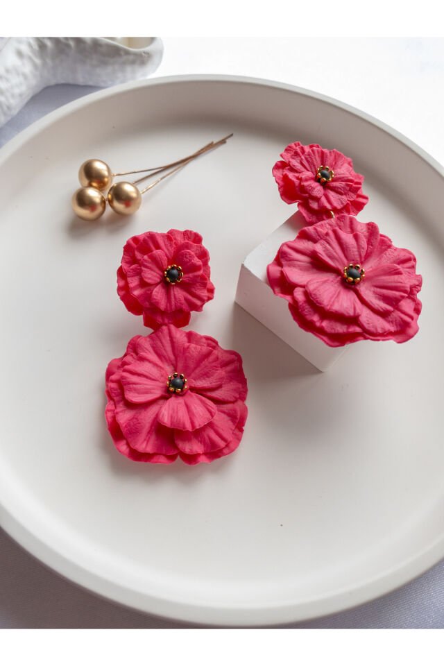 Özel Tasarım Pembe Polimer Kil İkili Çiçek Küpe