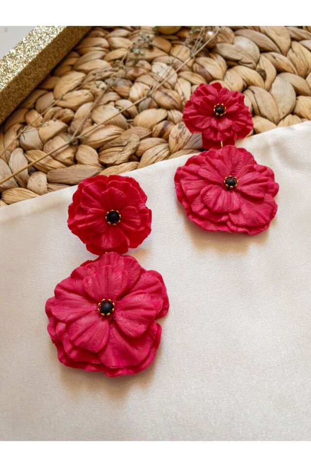 Özel Tasarım Pembe Polimer Kil İkili Çiçek Küpe