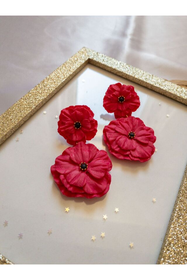 Özel Tasarım Pembe Polimer Kil İkili Çiçek Küpe