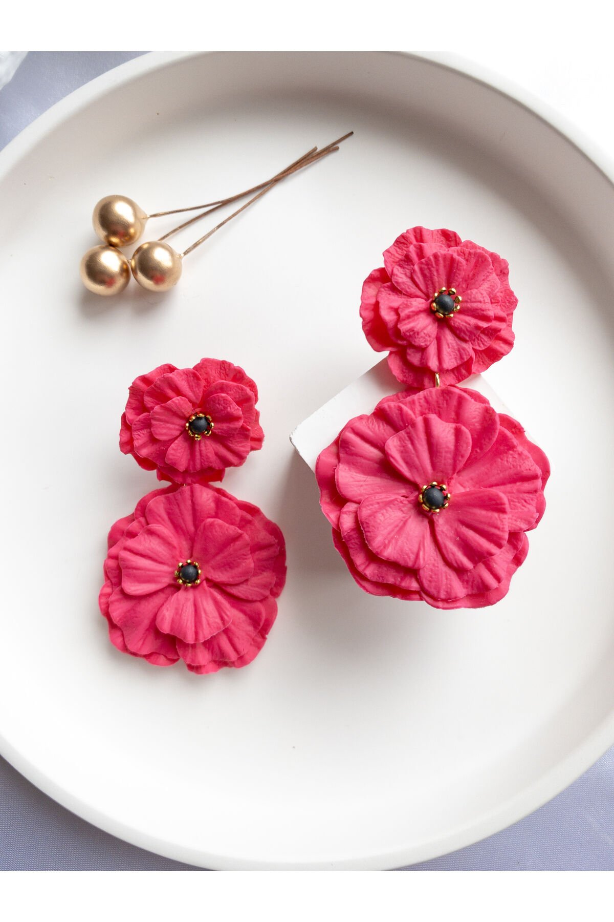 Özel Tasarım Pembe Polimer Kil İkili Çiçek Küpe