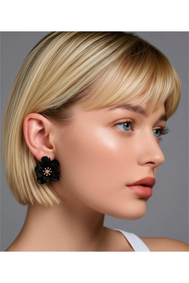 Özel Tasarım Siyah Polimer Kil Dore Detay Çiçek Küpe