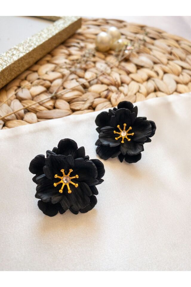 Özel Tasarım Siyah Polimer Kil Dore Detay Çiçek Küpe