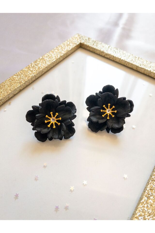 Özel Tasarım Siyah Polimer Kil Dore Detay Çiçek Küpe