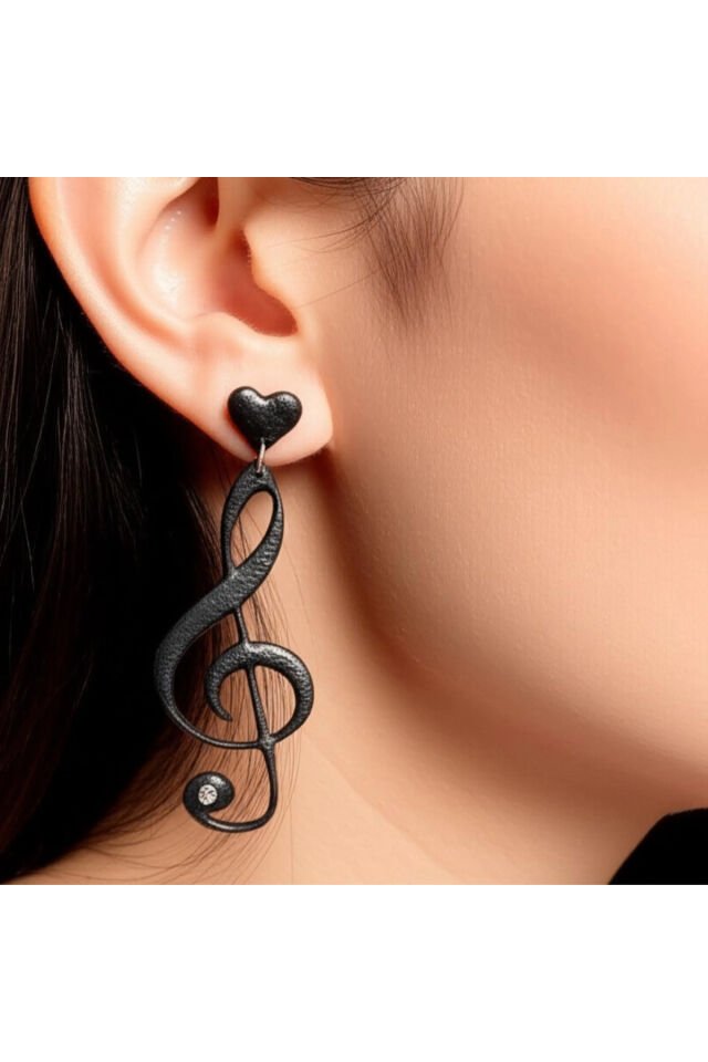 Özel Tasarım Siyah Polimer Kil Sol Anahtarı ve Barış İşaretli Küpe