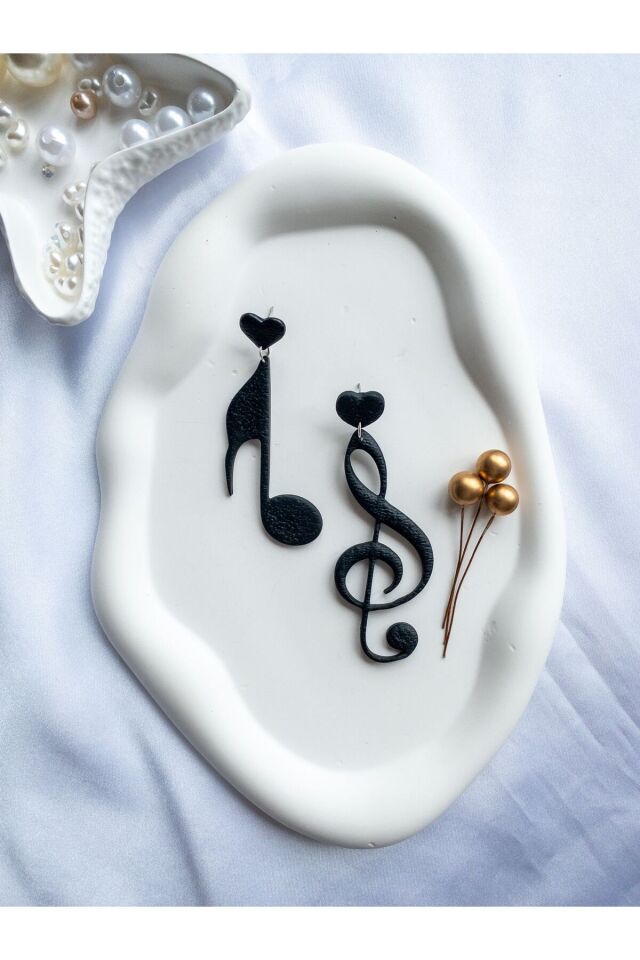 Özel Tasarım Siyah Polimer Kil Sol Anahtarı ve Nota Küpe