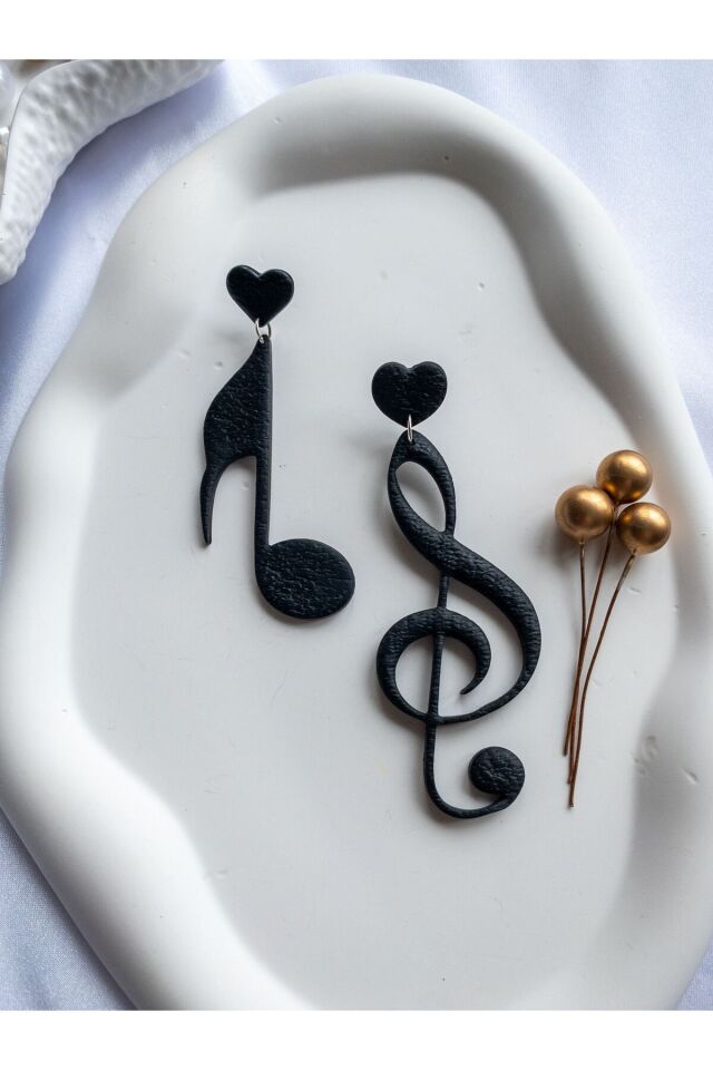 Özel Tasarım Siyah Polimer Kil Sol Anahtarı ve Nota Küpe