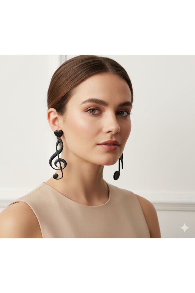 Özel Tasarım Siyah Polimer Kil Sol Anahtarı ve Nota Küpe