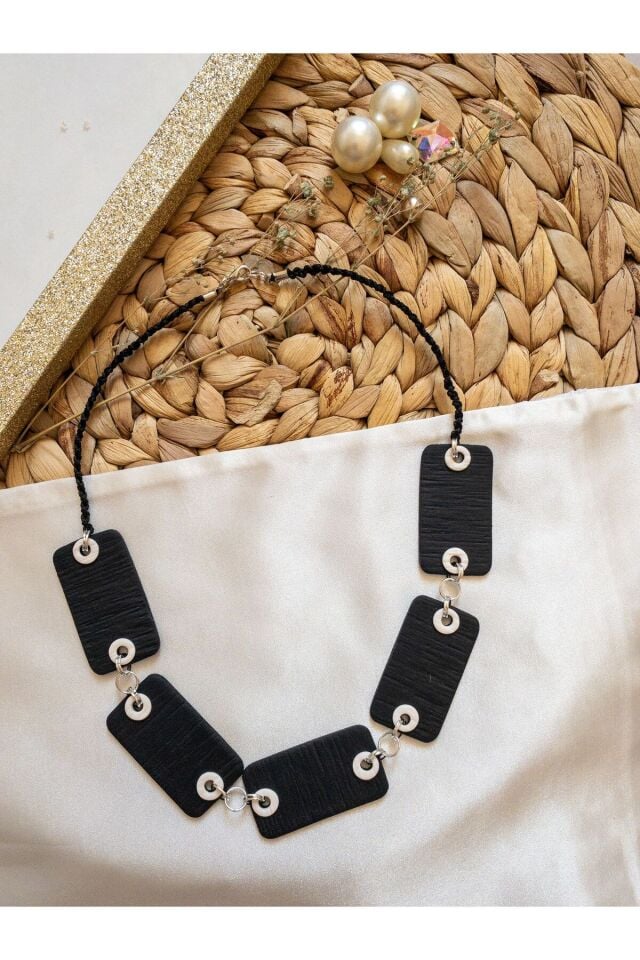 Özel Tasarım Siyah Polimer Kil Geometrik Küpe Kolye Takım