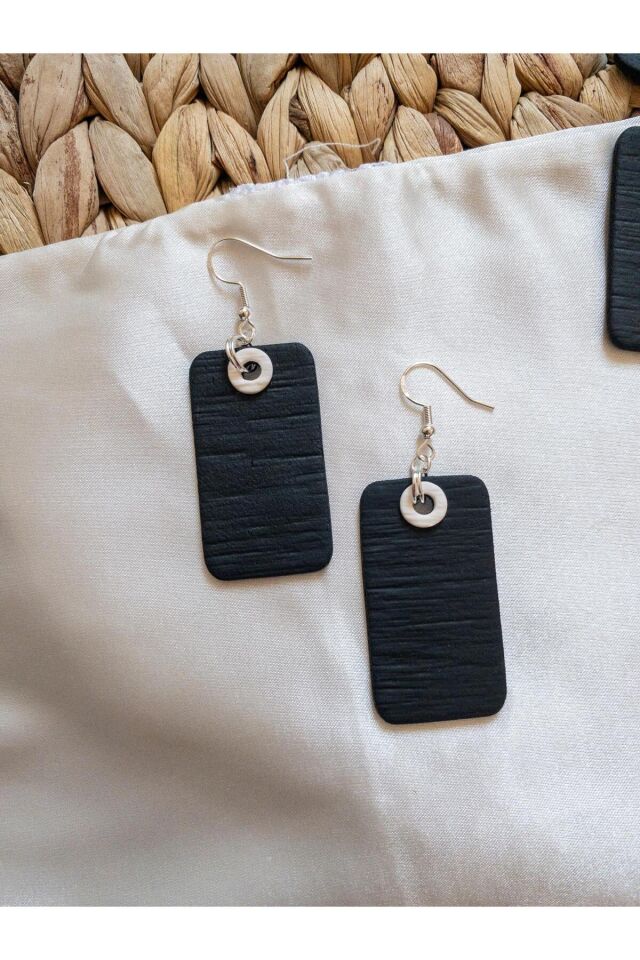 Özel Tasarım Siyah Polimer Kil Geometrik Küpe Kolye Takım