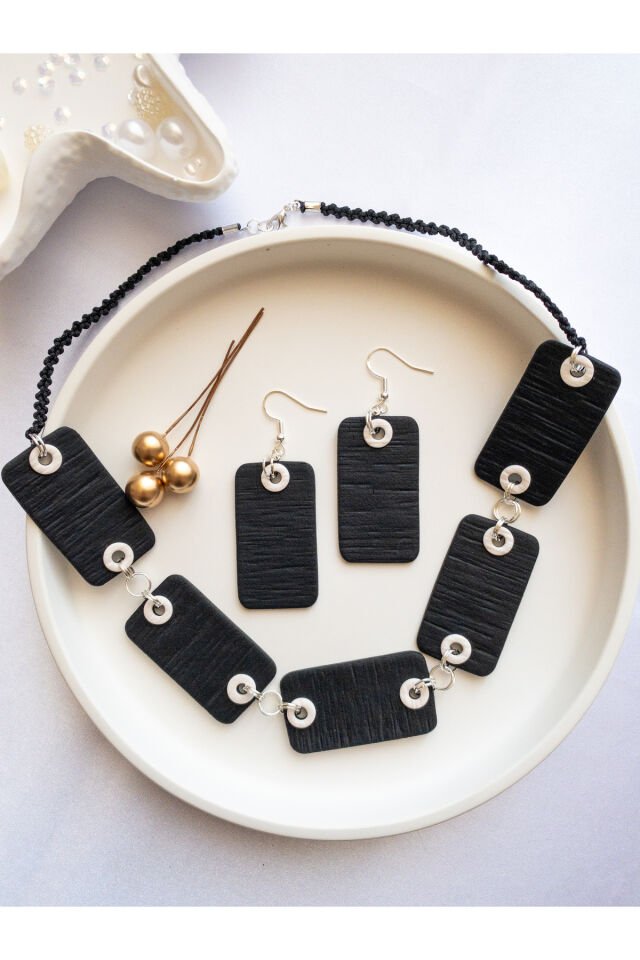 Özel Tasarım Siyah Polimer Kil Geometrik Küpe Kolye Takım