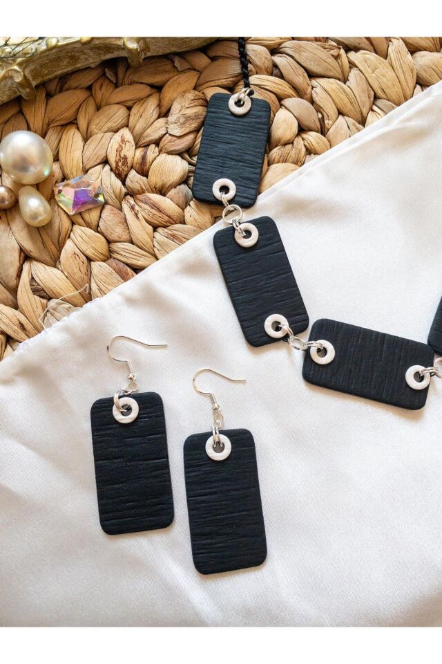 Özel Tasarım Siyah Polimer Kil Geometrik Küpe Kolye Takım