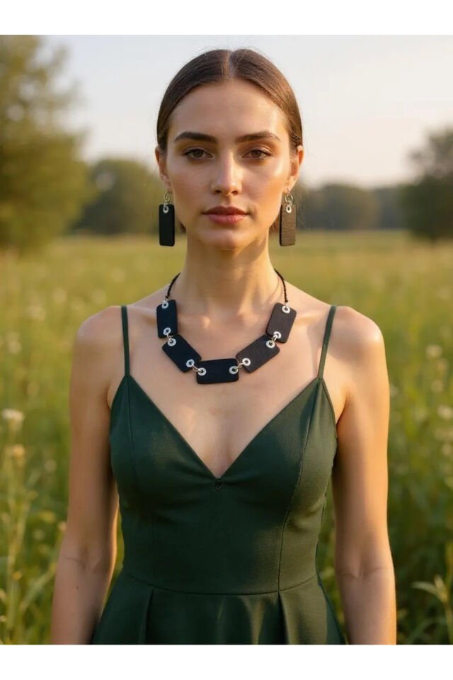 Özel Tasarım Siyah Polimer Kil Geometrik Küpe Kolye Takım