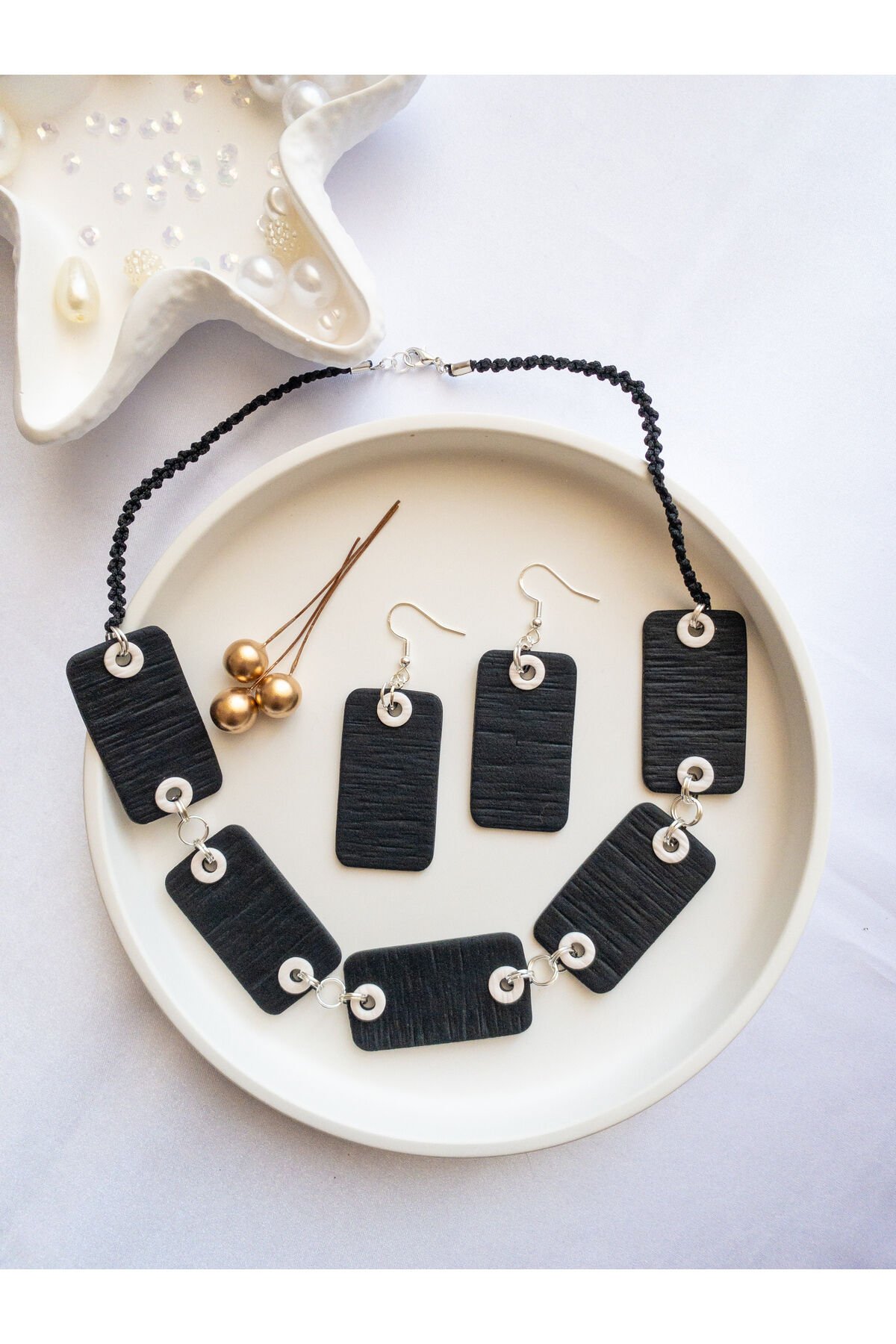 Özel Tasarım Siyah Polimer Kil Geometrik Küpe Kolye Takım