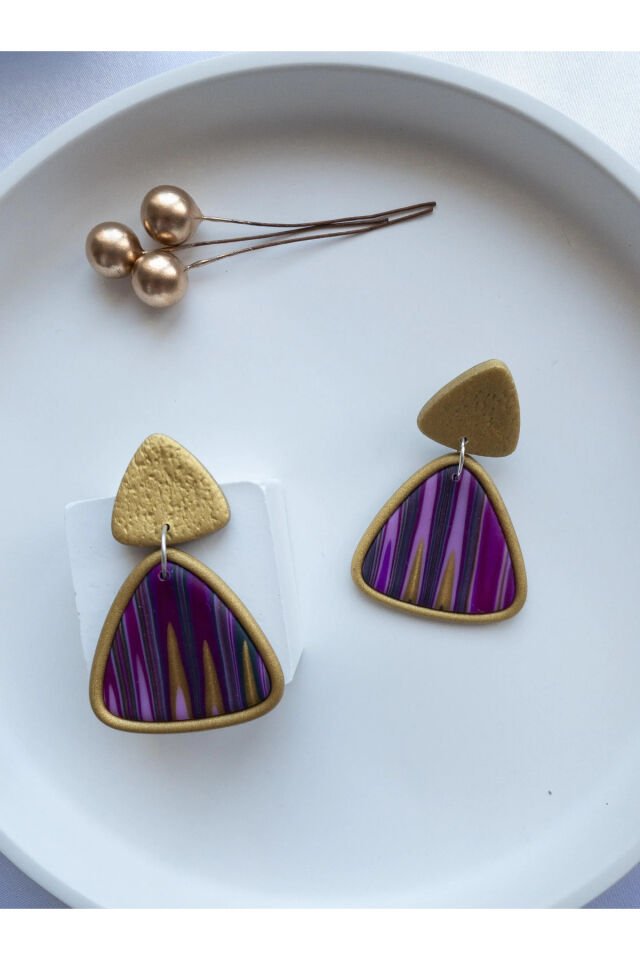 Özel Tasarım Renkli Polimer Kil Üzeri Dore Detay Geometrik Küpe