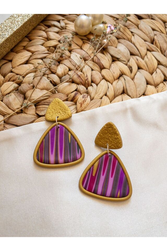 Özel Tasarım Renkli Polimer Kil Üzeri Dore Detay Geometrik Küpe