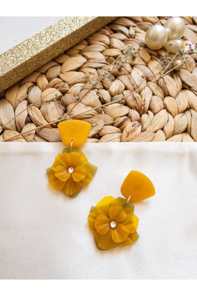 Özel Tasarım Sarı Polimer Kil Çiçek Küpe