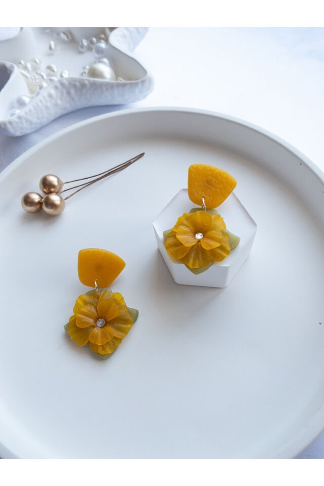 Özel Tasarım Sarı Polimer Kil Çiçek Küpe