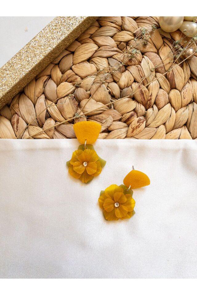 Özel Tasarım Sarı Polimer Kil Çiçek Küpe