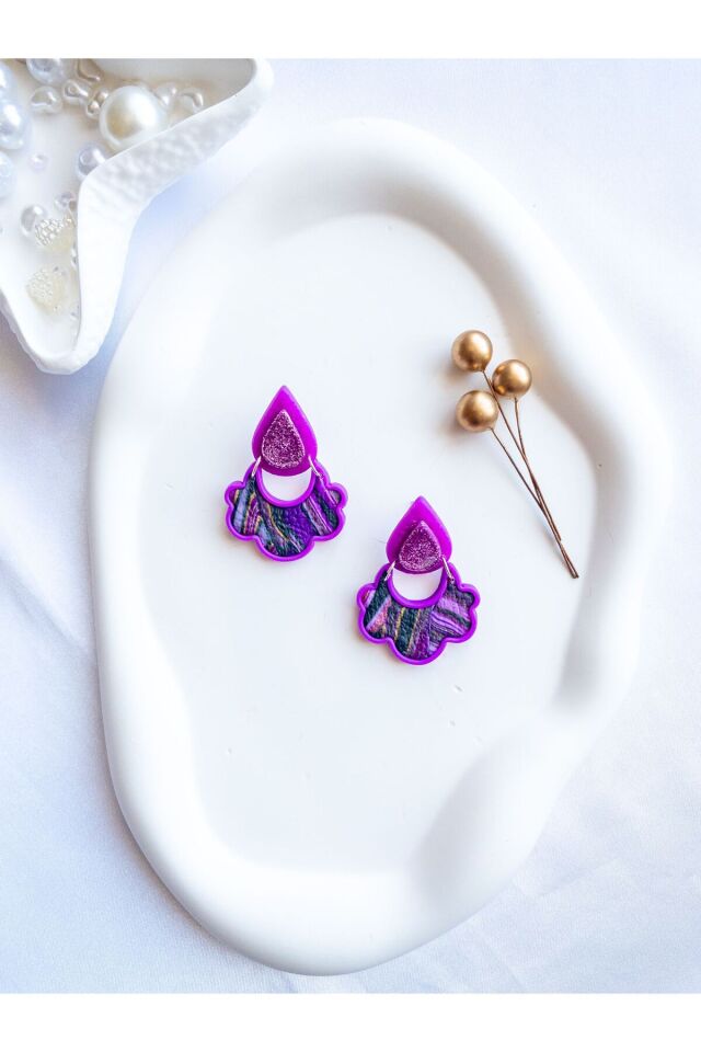 Özel Tasarım Mor Polimer Kil Damla Detay Küpe