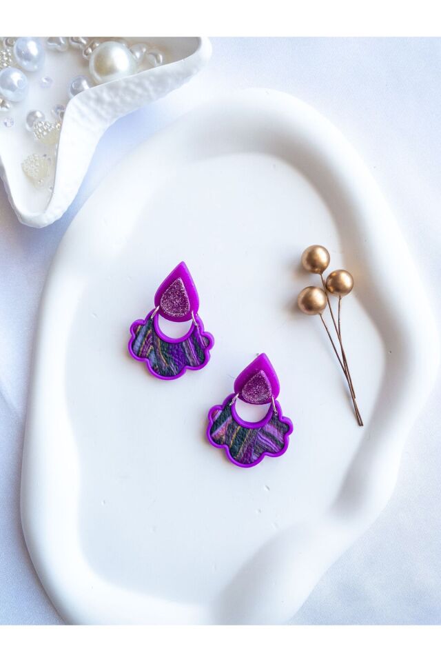 Özel Tasarım Mor Polimer Kil Damla Detay Küpe