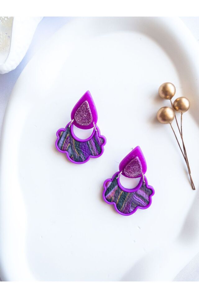Özel Tasarım Mor Polimer Kil Damla Detay Küpe