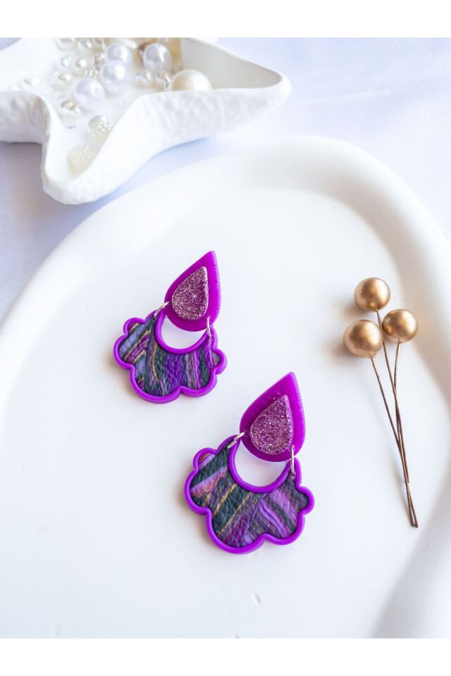 Özel Tasarım Mor Polimer Kil Damla Detay Küpe