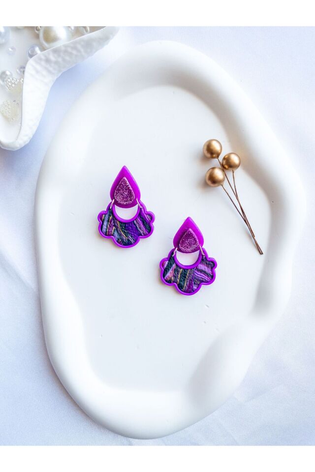 Özel Tasarım Mor Polimer Kil Damla Detay Küpe