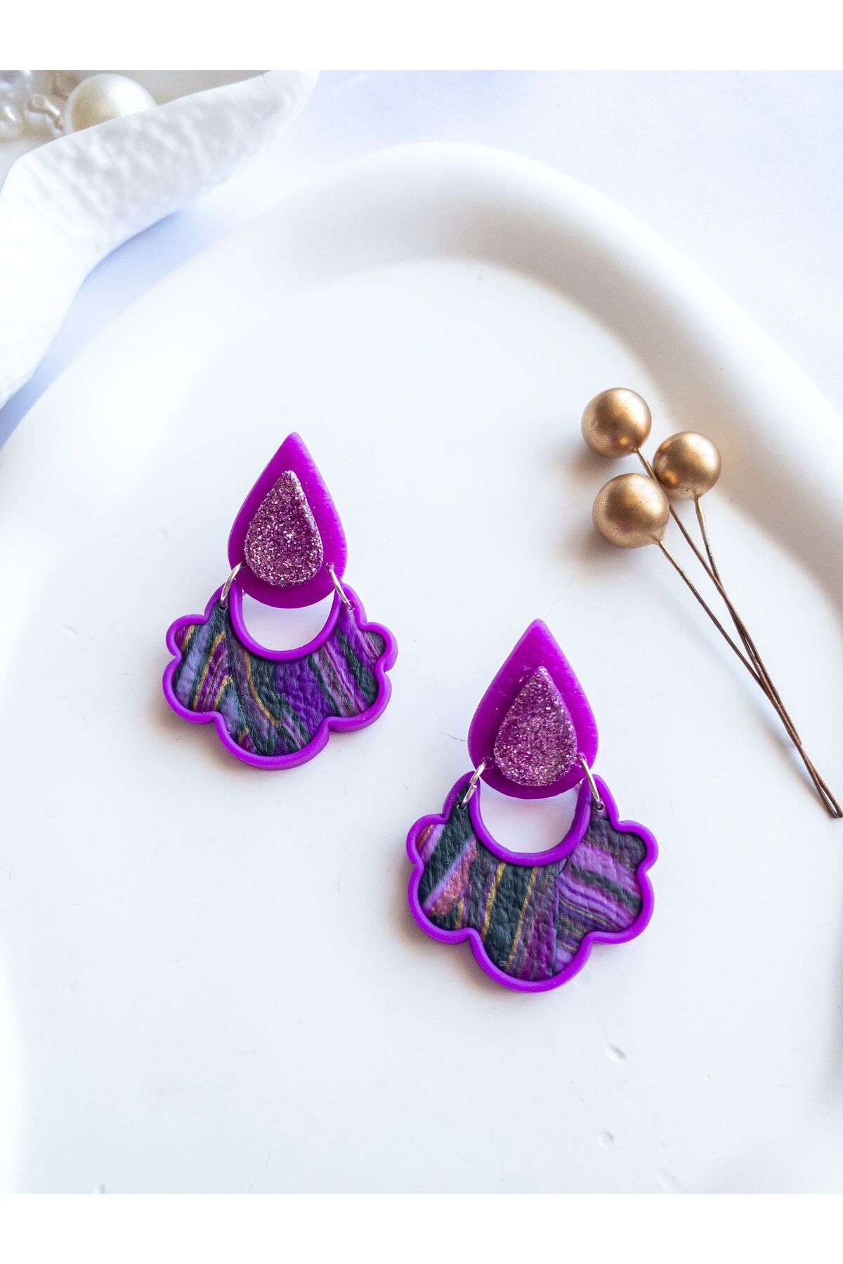 Özel Tasarım Mor Polimer Kil Damla Detay Küpe
